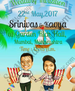 Beach Party - Destination Theme Caricature Wedding Save The Date E-card