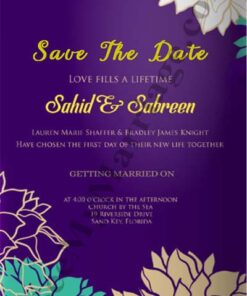 Attractive Purple, Violet Theme Floral Design Wedding Save The Date Whatsapp E-card Invitation