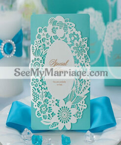 Stylish Blue Color Modern Laser Cut Wedding Invitation Card - Pack Of 100