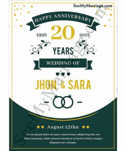 20th Wedding Anniversary Save The Date E-card Decorated With Green Leaves, Hearts, Rings And Ribbons Mixed With Yellow And Whit