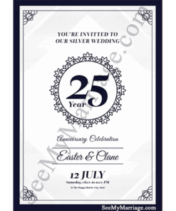 Grey Scale Theme Portrait Photo Frame Type Floral Decorated Silver Jubilee, 25th Wedding Anniversary E-card Invitation