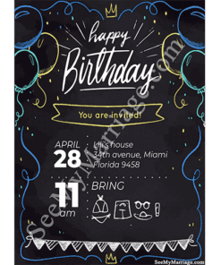 Blackboard Theme Different Drawing Sketch Type Balloons And Ribbons Decorated Awesome Birthday Celebration E-card Invitation