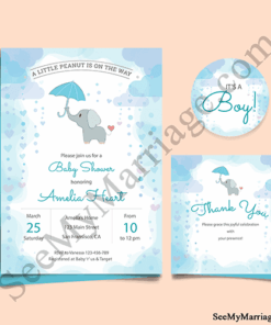 Beautiful Blue Theme With Cute Baby Elephant With Umbrella, Rain Decorated Baby Shower Invite E-card