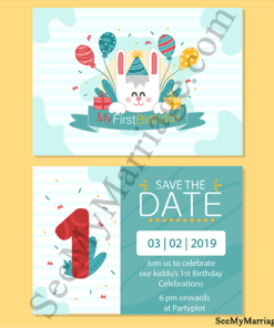 Watercolour Blue Theme Retro Type Colourful Balloons With Gifts And Cake Decorated Cute Rabbit 1st Birthday Save The Date E-car
