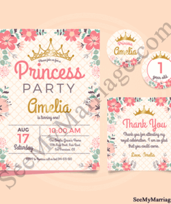 Golden Crown And Red Watercolour Floral Decorated Baby Princess 1st Birthday Invite E-card