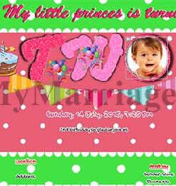 Pink Ribbon - Green Bordered Water Melon Theme Birthday Invite Card With Cake And Baby Picture