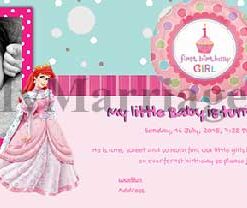 Cinderella Theme 1st Birthday Party Invite In Light Pink Background With Cake, Stars, Photo Frame
