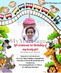 Amusement Park Theme With Train Track, Animals, Hanging Cup Cake And Photo Birthday Invite Card