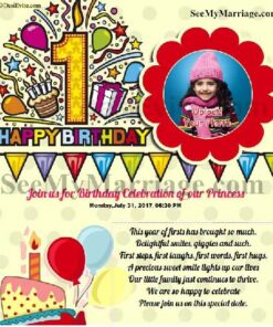 Yellow Theme 1st Birthday Invite Card, With Cake, Stars, Balloons, Photo