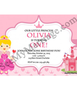 Cindrella Party Night - Pink Colored Birthday Invite Card With Colored Fairy Princess And Fort