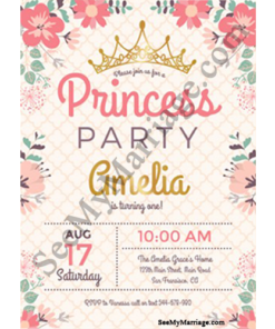 My Baby Princess Birthday Party Invite With Princess Gold Crown In Creamy Grid Background Decorated With Floral Borders
