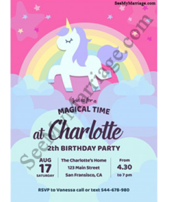 The Night Way Unicorn - Birthday Invite With Clouds Background In Splashing Rainbow Theme E-card