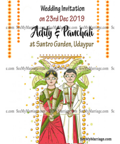 Adhasiya Kalyanam - Cartoon Theme Cute Couple Standing At Wedding Venue Decorated With Florals