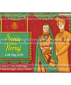 Baar Baar Dekho - Funky Red Color Punjabi Theme Invite Card Decorated With Wedding Stage Background Punjabi Couple And Hanging