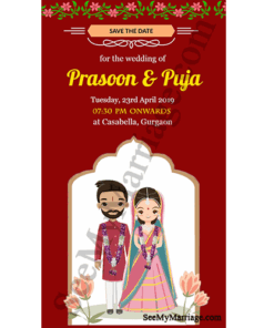 Cute Hindu Couple Red Theme Cartoon Save The Date Wedding Invitation E-card