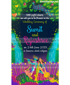 Vrindaavan - Radha Krishna Theme Invite Card Garden Background With Peacocks And Florals
