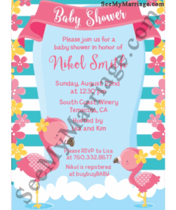 Little Giggles Vintage Flowers Pink Flamingos Theme Baby Shower Invitation Card With Floral Frame