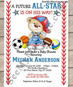 Pounding Feet Football Sports Theme Baby Shower Invitation Card Cute Teddy Sitting With Other Sports Balls