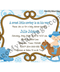 Little Robin Hood Cowboy Theme Baby Shower Invitation Card Baby Cowboy Riding A Horse In Blue Background A With Hunter Rope Bor