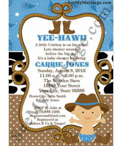 Super Hero Little Boy Sitting With A Cowboy Hat In Blue And Brown Background Baby Shower Invitation E-card