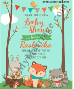 Cute Cartoon Animals Design Woodland Style Fox Theme Baby Shower Invitation Card