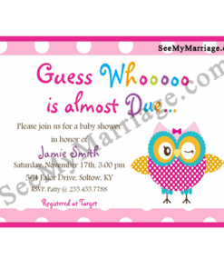 Tickled Pink Baby Owl Baby Shower Invitation Card With White Background And Pink Bubble Border