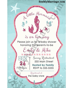 A Sprinkle Of Fairy Dust Mermaid Theme Deep Sea Ocean Background With Seahorses And Star Fish Baby Shower Invitation Card