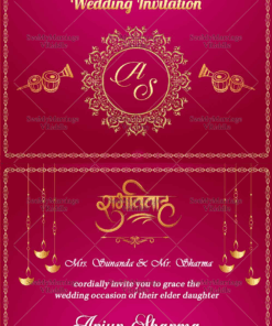 Glossy Pink Theme Gold Bordered Short And Sweet Wedding Pdf With Hanging Diyas