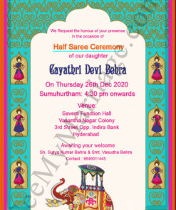 Ambari Theme Saree Function, Half Saree Ceremony Invitation E-card With Quirky Colors Background, Dancing Puppet Dolls