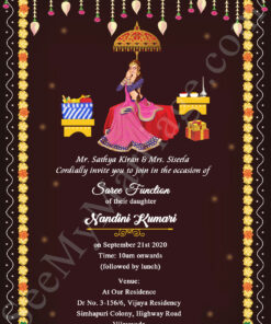 Traditional Half Saree Invitation Card In Dark Brown Theme With Girl Character Illustration