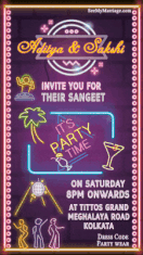 Disco Dance, Sangeet Party Invitation With Colorful Lights, Dj, Cocktail Glasses, Purple Theme Background, Blinking Lights