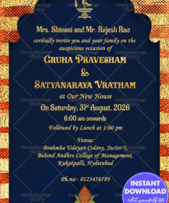 Griha Pravesh & Satyanarayan Puja Royal Blue Theme Golden Frame Kalash Traditional Whatsapp Invitation Card