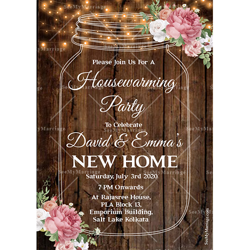 House Warming Lightening Glass Jar Wooden Theme Unique Floral Whatsapp E Card