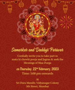 Red Theme Traditional Mata Ki Chowki Invitation With Colorful Traditional Blinking Lights, Sparkles In Background