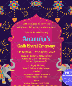 Godh Bharai Ceremony_royal Elephant Blue Background_e Card