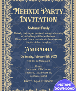 Blue Theme Floral Boarder Mehndi Inviation Card