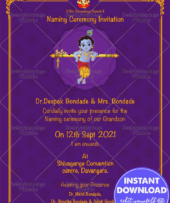 Little Kanhaiya Theme Naming Ceremony Invitation Card With Violet Background