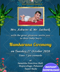 Our Little Penguin Blue Theme Floral Border Naming Ceremony Invitation Card