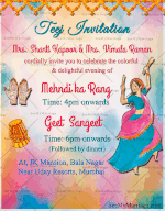 Rangoli Theme Teej Party Invitation Video With Colorful Watercolor Background, Animated Dancing Girl