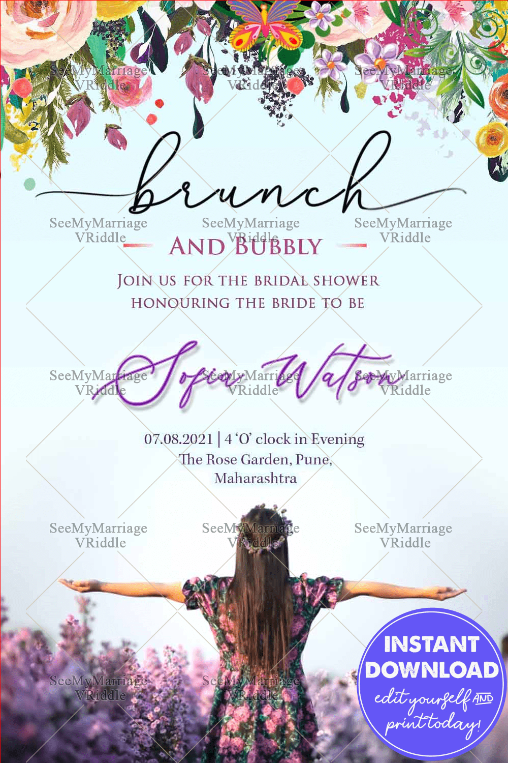 Brunch With Bubbly Lavender Floral Theme Bridal Shower Invitation Card