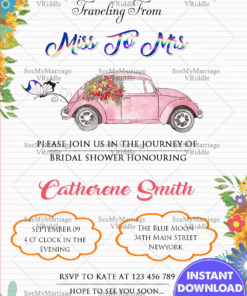 Sunflower Theme Pink Roses Decorated Bridal Shower Invitation Card