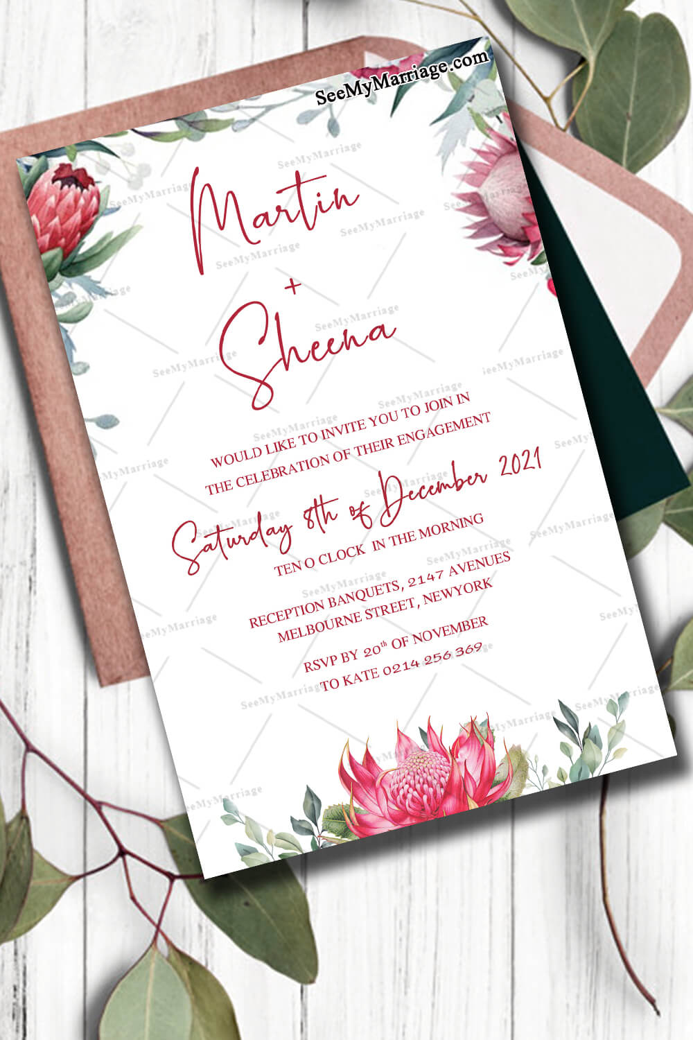 Personalized Australian Engagement Invitation, Native Florals, King Protea - Image 3