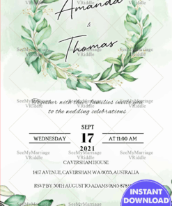 Greenery, Bohemian, Eucalyptus Wedding Invitation, Instantly Editable