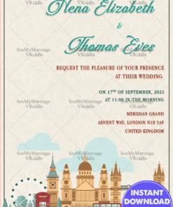 London Skyline Destination Wedding Invitation, Instantly Editable