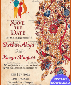 Radhe Krishna Save The Date Card, Paisley Pattern, Retro Style, Hindu Wedding Invitations