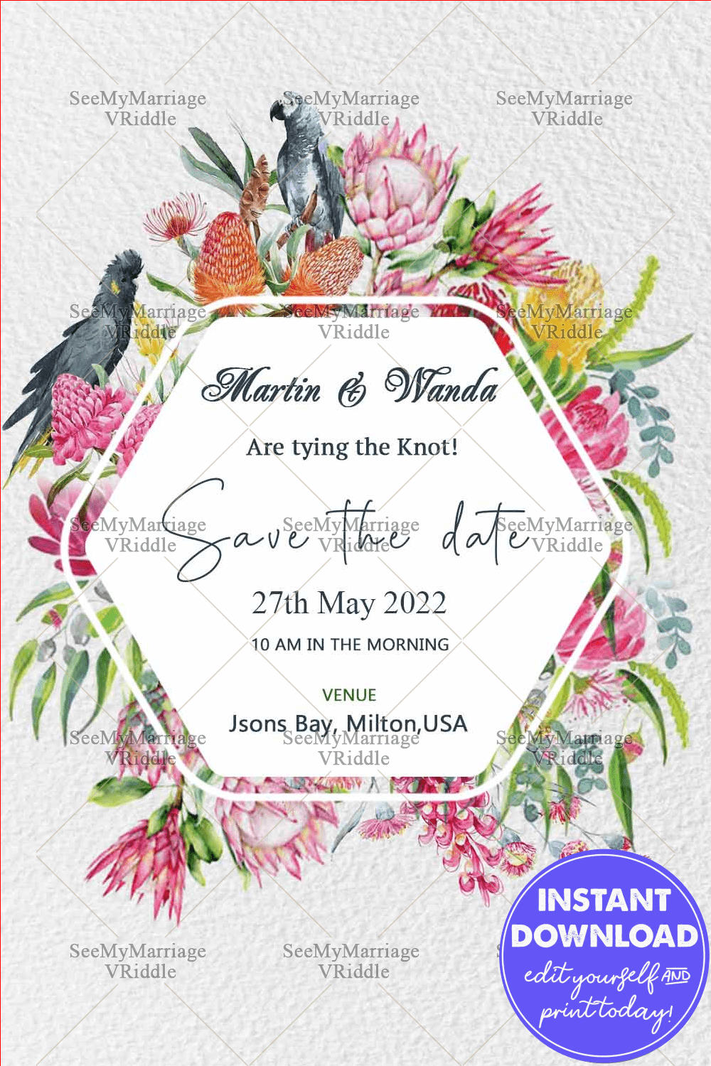 White Texture Floral Wedding Invitation Whatsapp Card With Macaw Birds - Image 2