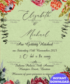 Classy Green Theme Protea Wedding Invitation Card With Rustic Australian Wild Florals