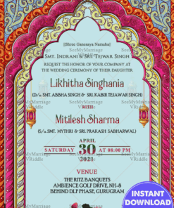 Pink And Blue Theme Traditional North Indian Wedding Invitation Card, Lanterns, Lotus Flowers