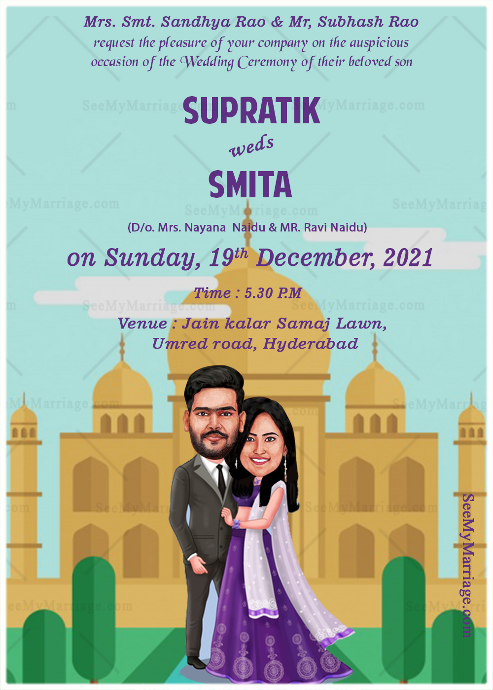 Taj Mahal Theme Caricature Wedding Card