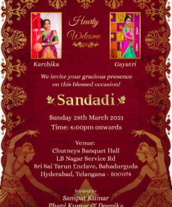 Traditional Half Saree Invitation With Red Background